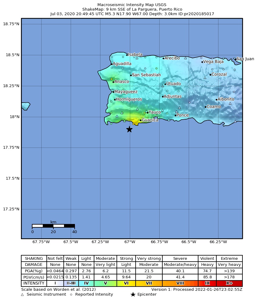 USGS ShakeMap intensity contours for the M5.3 earthquake near 9 km SSE of La Parguera, Puerto Rico