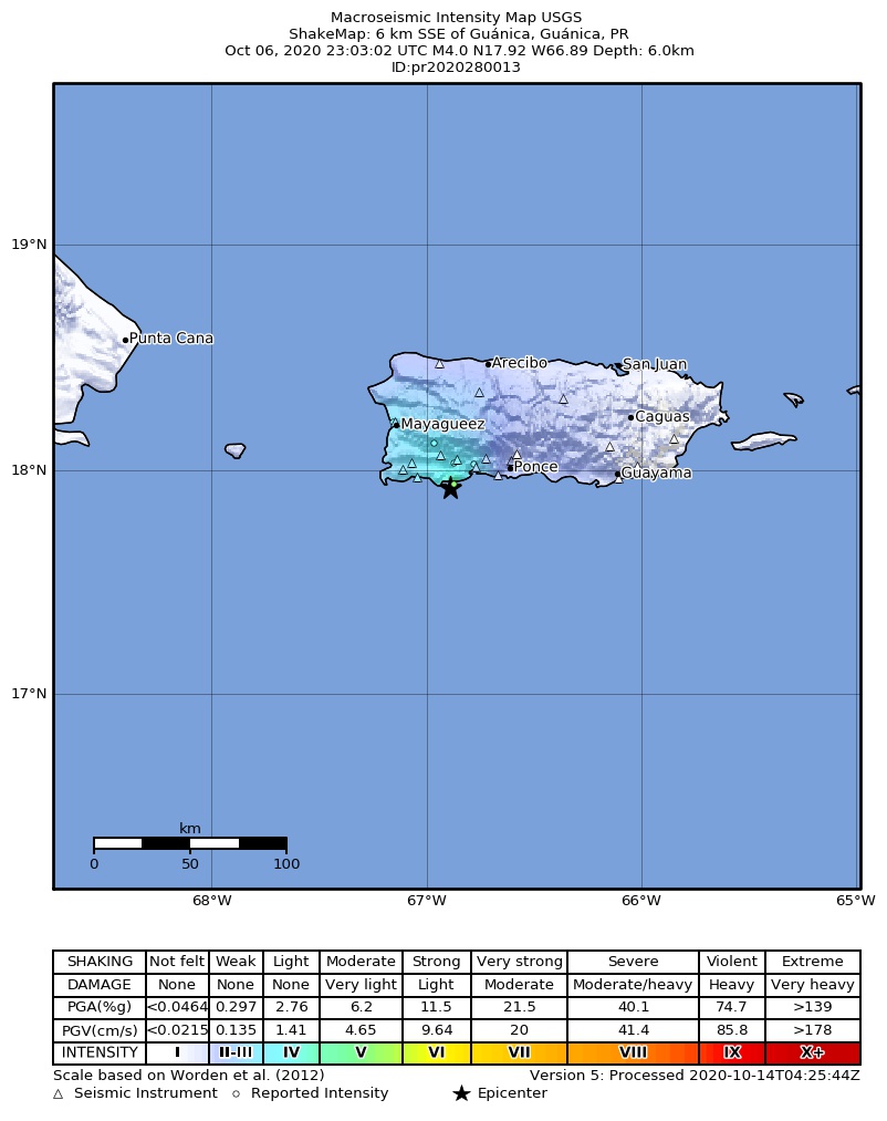 USGS ShakeMap intensity contours for the M4.0 earthquake near 6 km SSE of Guánica, Puerto Rico