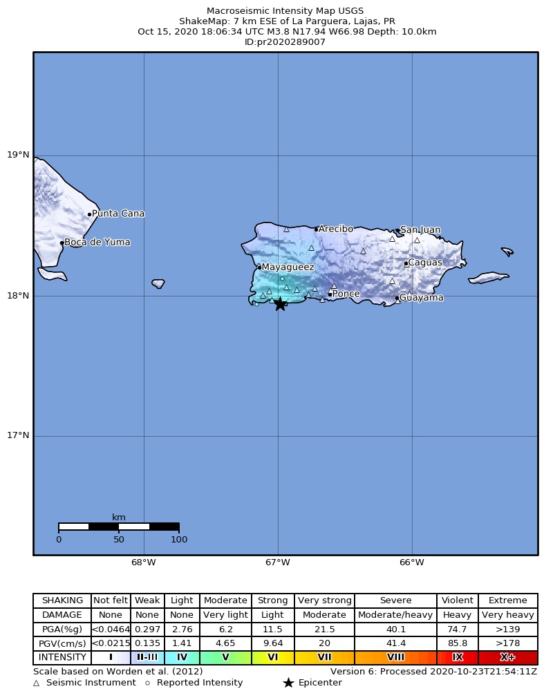 USGS ShakeMap intensity contours for the M3.8 earthquake near 7 km ESE of La Parguera, Puerto Rico