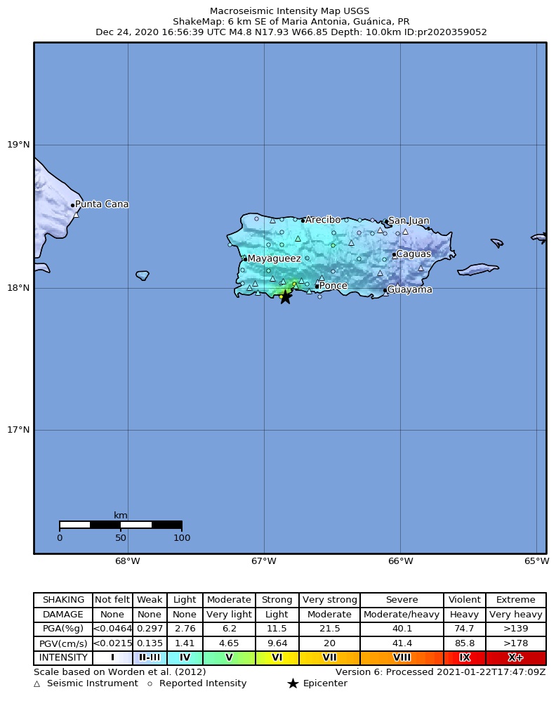 USGS ShakeMap intensity contours for the M4.8 earthquake near 6 km SE of Maria Antonia, Puerto Rico