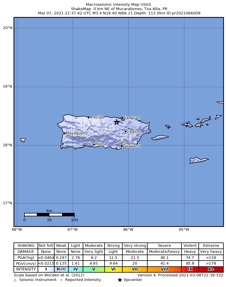 USGS ShakeMap intensity contours for the M3.4 earthquake near 0 km NE of Mucarabones, Puerto Rico