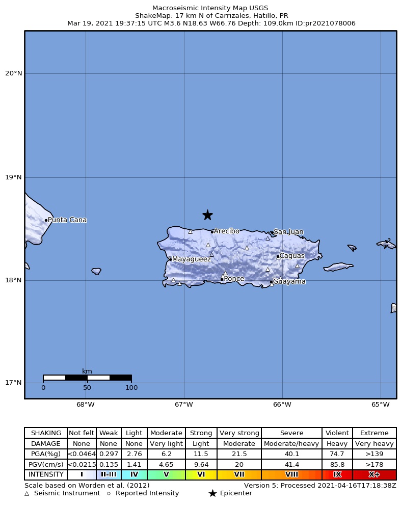 USGS ShakeMap intensity contours for the M3.6 earthquake near 17 km N of Carrizales, Puerto Rico