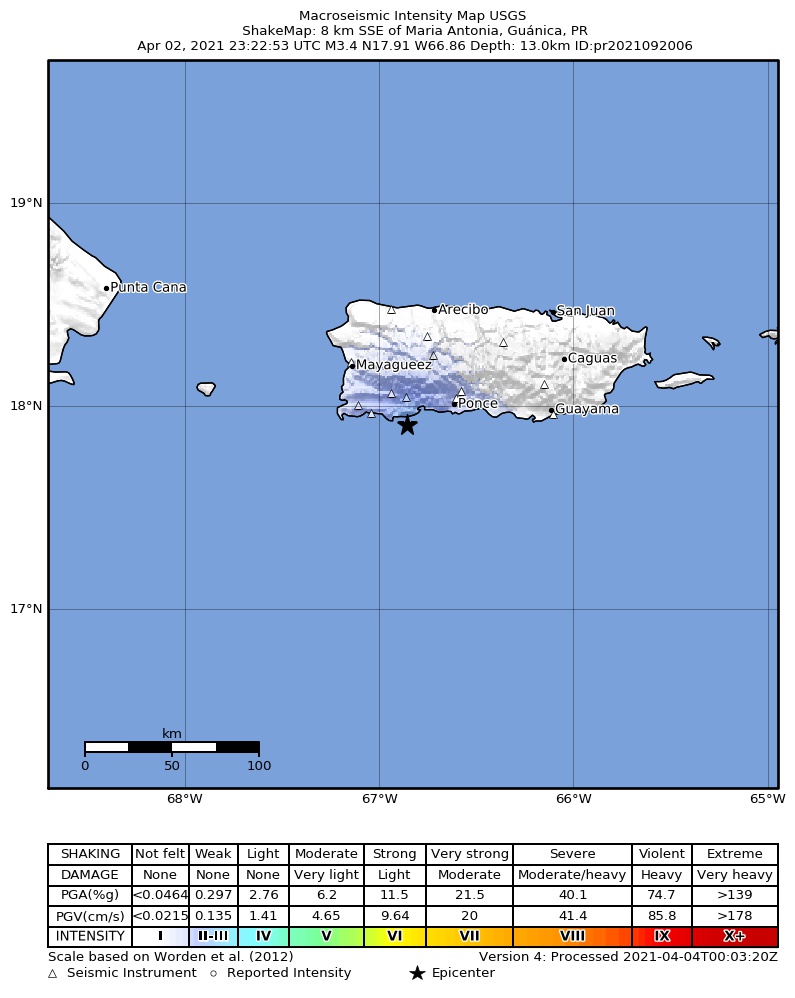 USGS ShakeMap intensity contours for the M3.4 earthquake near 8 km SSE of Maria Antonia, Puerto Rico