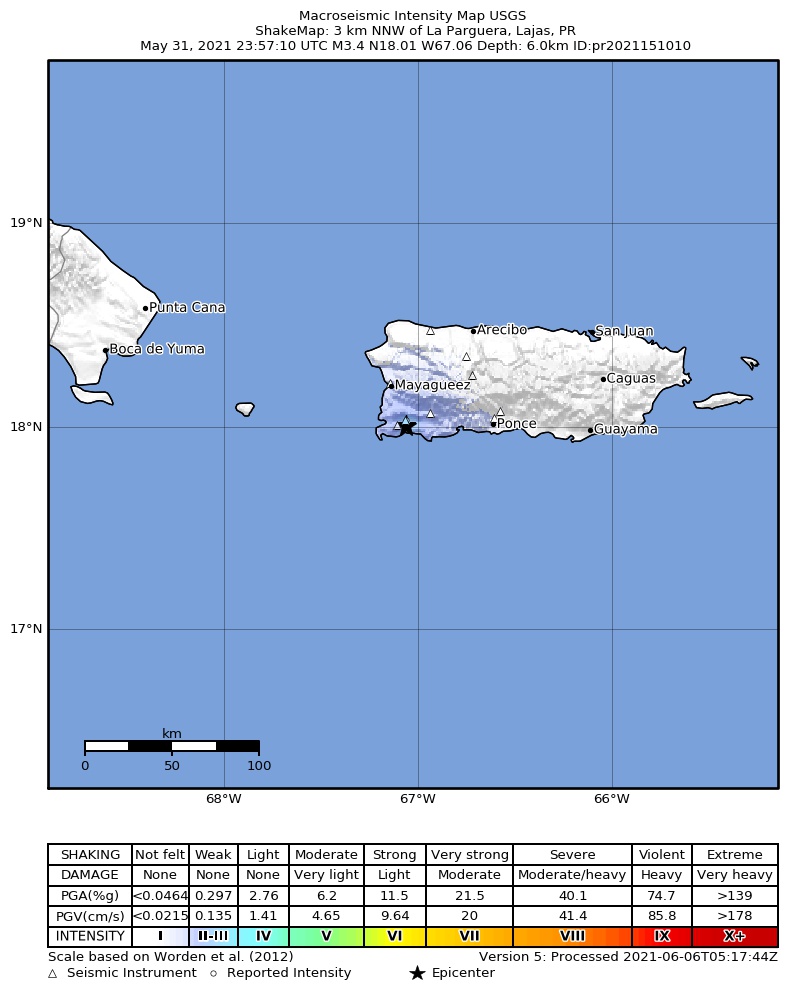 USGS ShakeMap intensity contours for the M3.4 earthquake near 3 km NNW of La Parguera, Puerto Rico