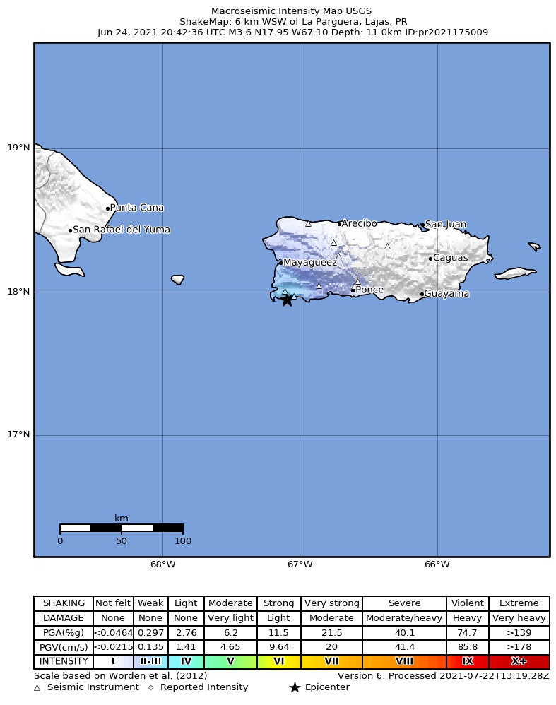 USGS ShakeMap intensity contours for the M3.6 earthquake near Puerto Rico region