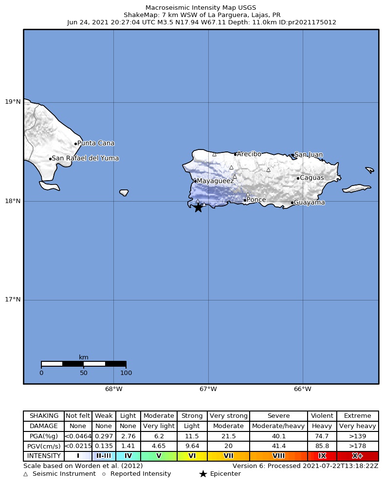 USGS ShakeMap intensity contours for the M3.5 earthquake near 7 km WSW of La Parguera, Puerto Rico