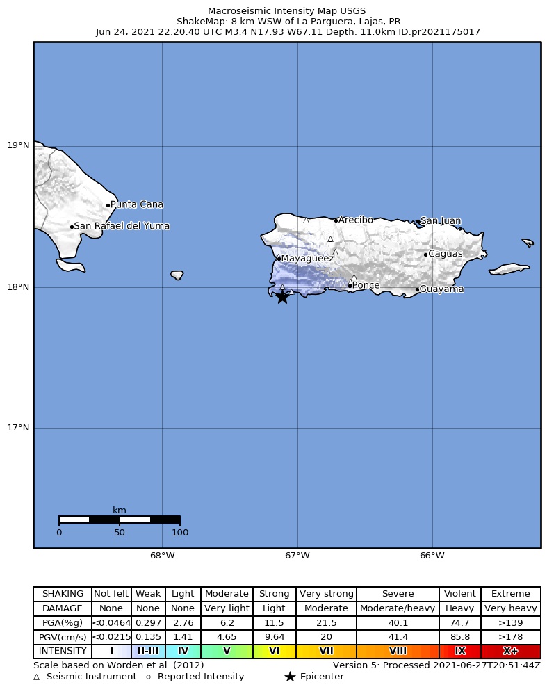USGS ShakeMap intensity contours for the M3.4 earthquake near 8 km WSW of La Parguera, Puerto Rico