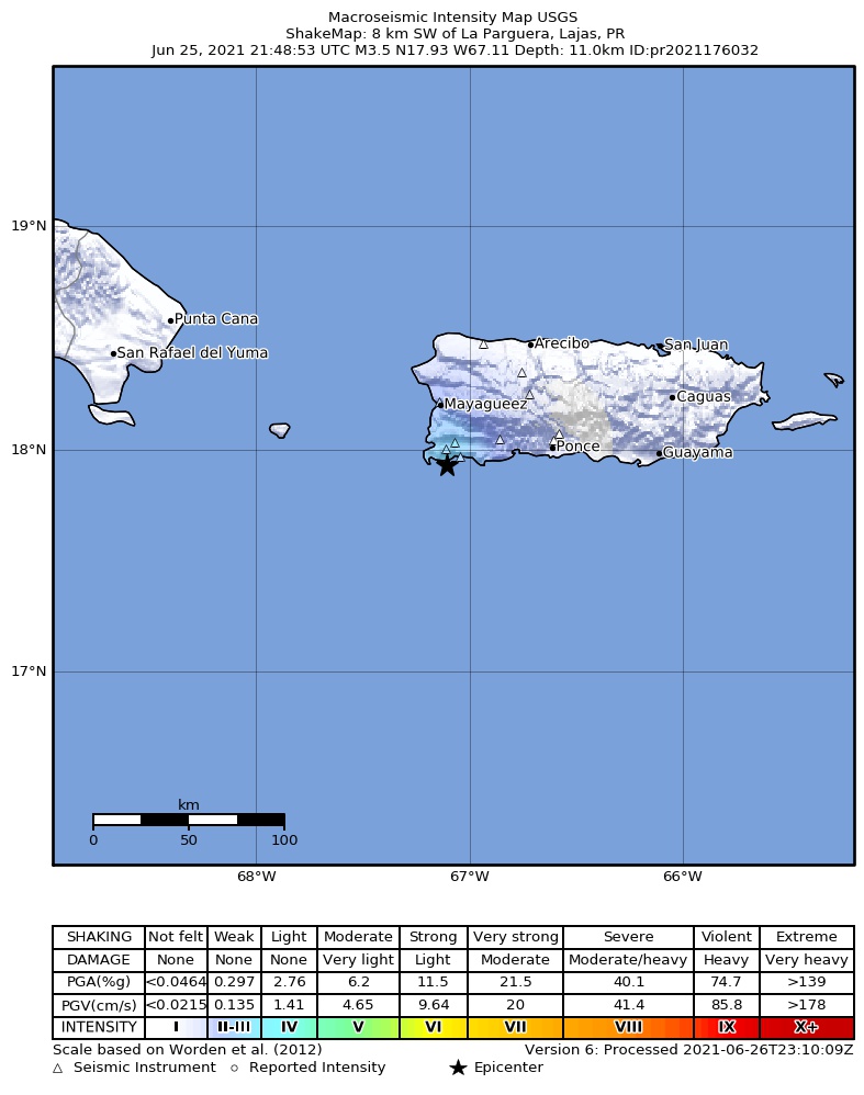USGS ShakeMap intensity contours for the M3.5 earthquake near 8 km SW of La Parguera, Puerto Rico
