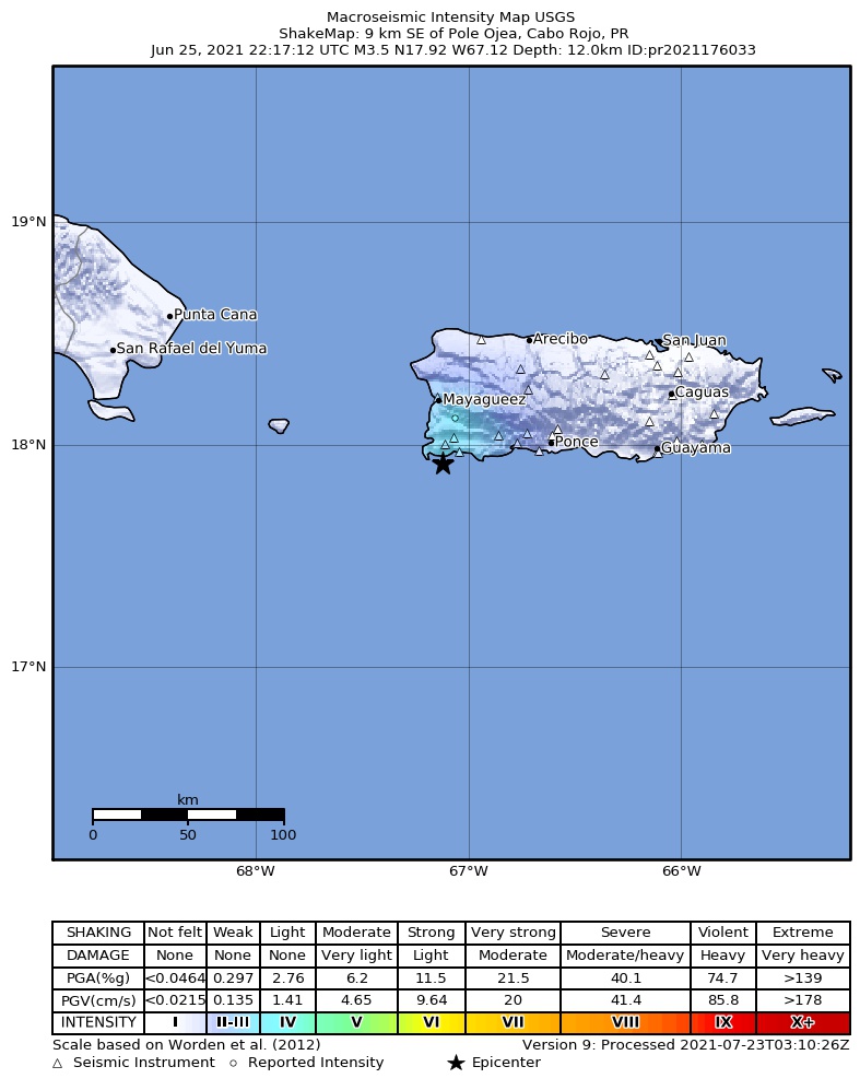 USGS ShakeMap intensity contours for the M3.5 earthquake near 9 km SE of Pole Ojea, Puerto Rico