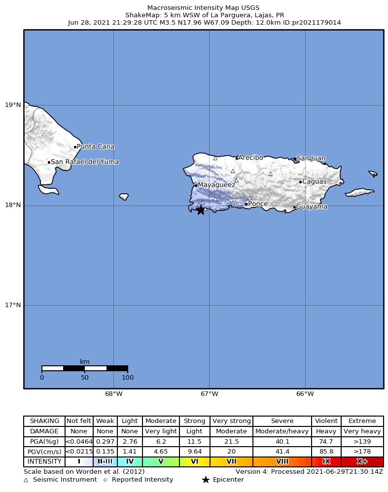USGS ShakeMap intensity contours for the M3.5 earthquake near 5 km WSW of La Parguera, Puerto Rico