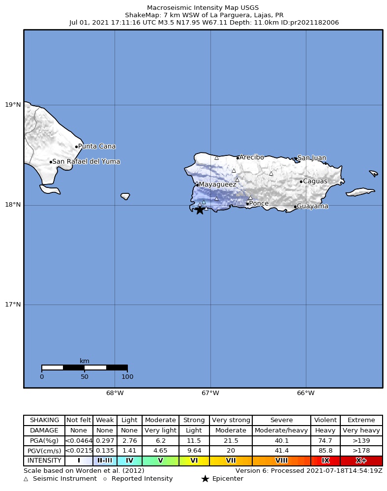 USGS ShakeMap intensity contours for the M3.5 earthquake near 7 km WSW of La Parguera, Puerto Rico