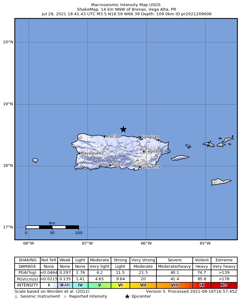 USGS ShakeMap intensity contours for the M3.5 earthquake near 14 km NNW of Brenas, Puerto Rico