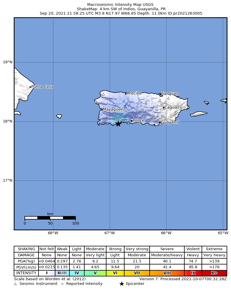 USGS ShakeMap intensity contours for the M3.8 earthquake near 4 km SW of Indios, Puerto Rico