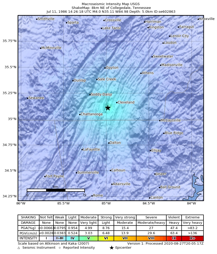 USGS ShakeMap: estimated shaking intensity around the epicenter