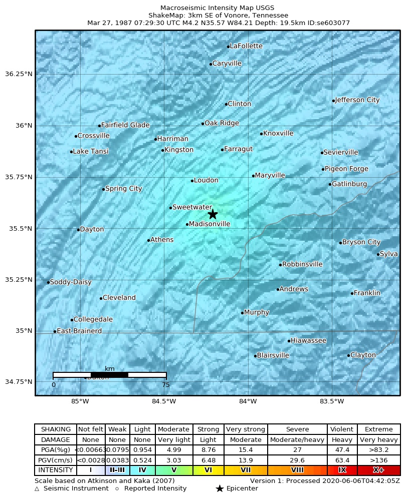 USGS ShakeMap: estimated shaking intensity around the epicenter