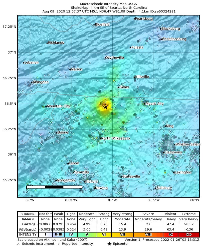 USGS ShakeMap intensity contours for the M5.1 earthquake near 4 km SE of Sparta, North Carolina