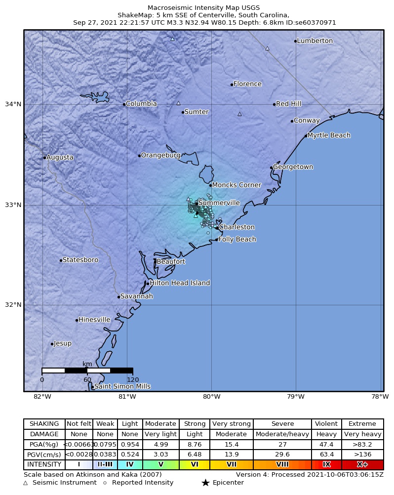 USGS ShakeMap intensity contours for the M3.3 earthquake near South Carolina