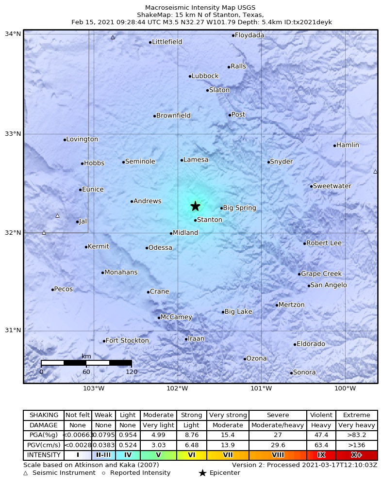 USGS ShakeMap: estimated shaking intensity around the epicenter