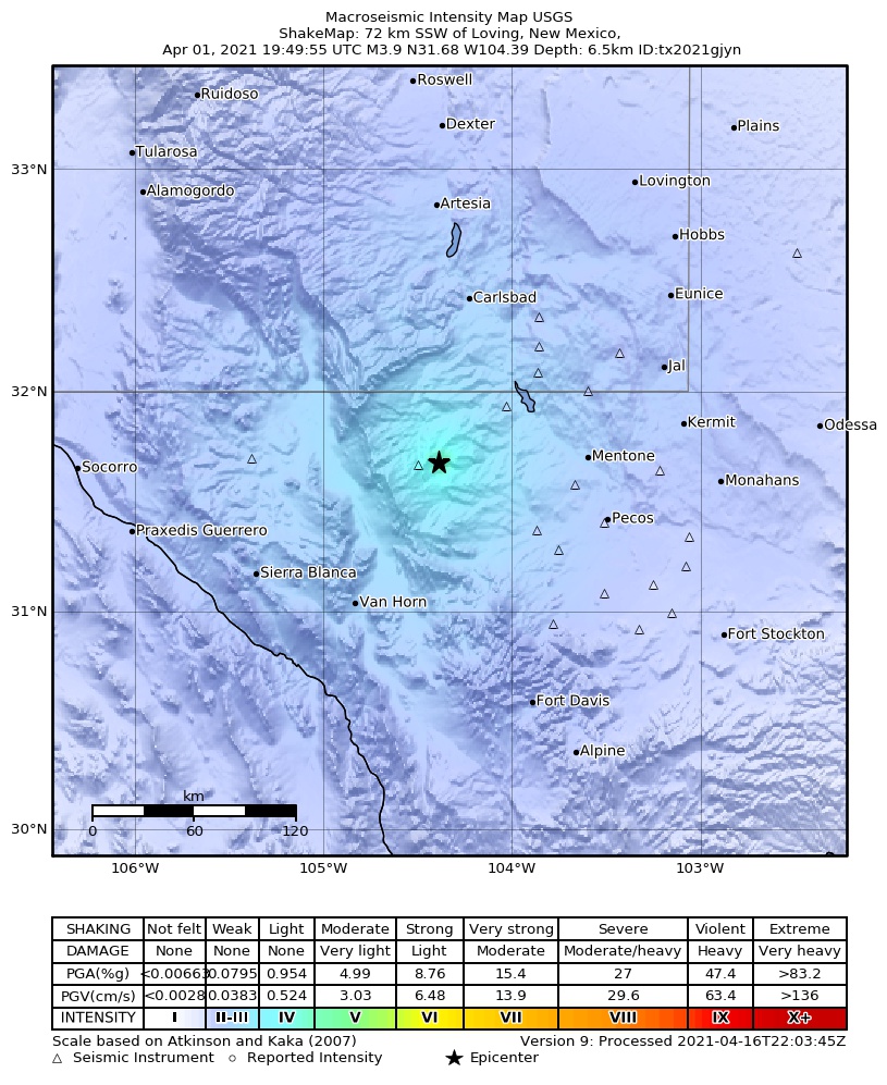 USGS ShakeMap intensity contours for the M3.9 earthquake near 55 km S of Whites City, New Mexico