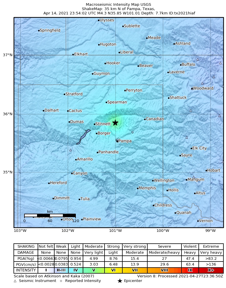 USGS ShakeMap intensity contours for the M4.3 earthquake near 34 km NNE of Skellytown, Texas