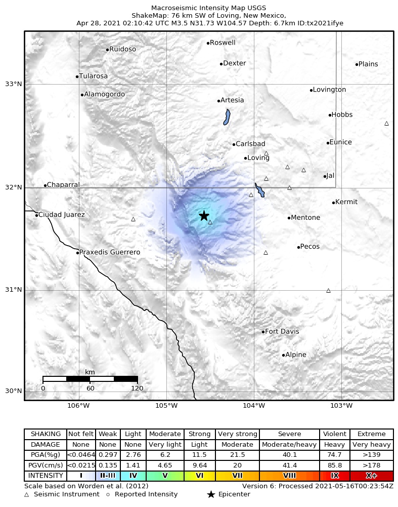 USGS ShakeMap: estimated shaking intensity around the epicenter