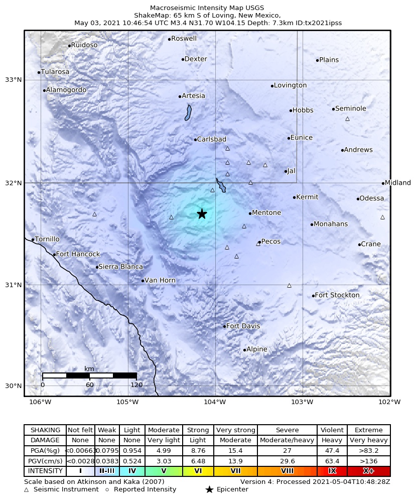 USGS ShakeMap: estimated shaking intensity around the epicenter