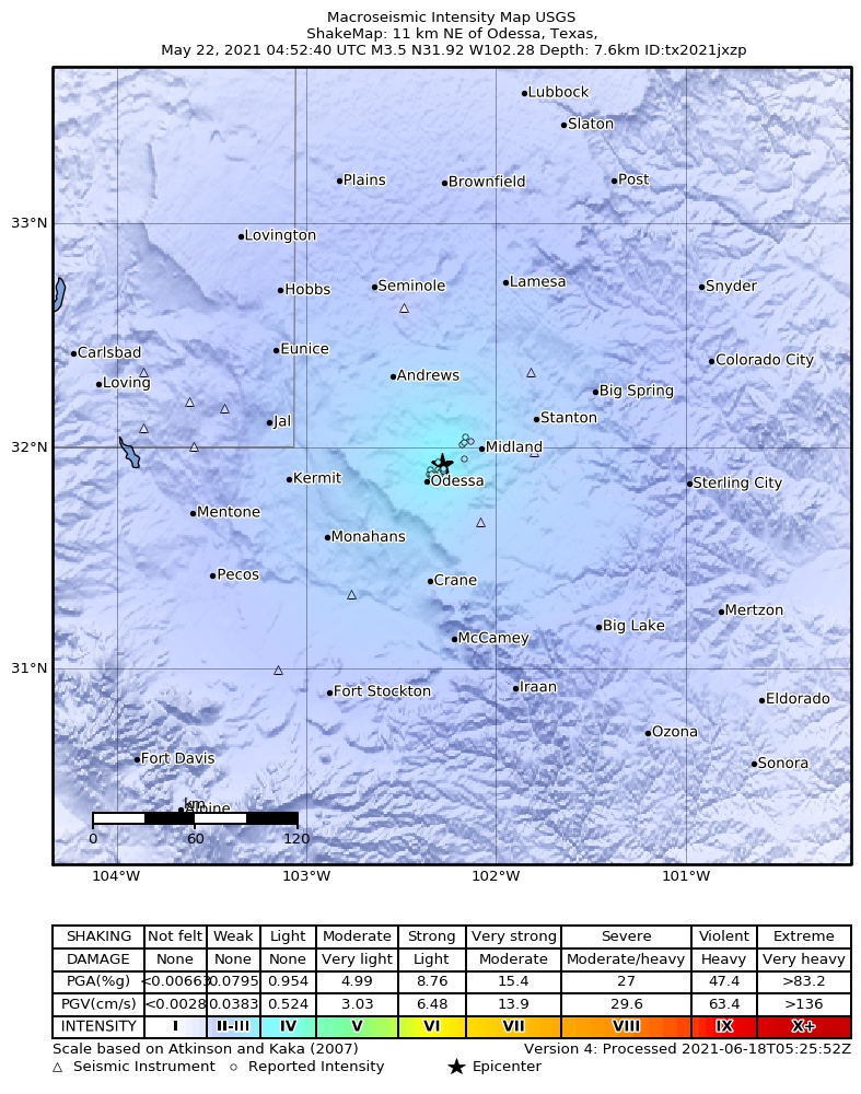 USGS ShakeMap: estimated shaking intensity around the epicenter
