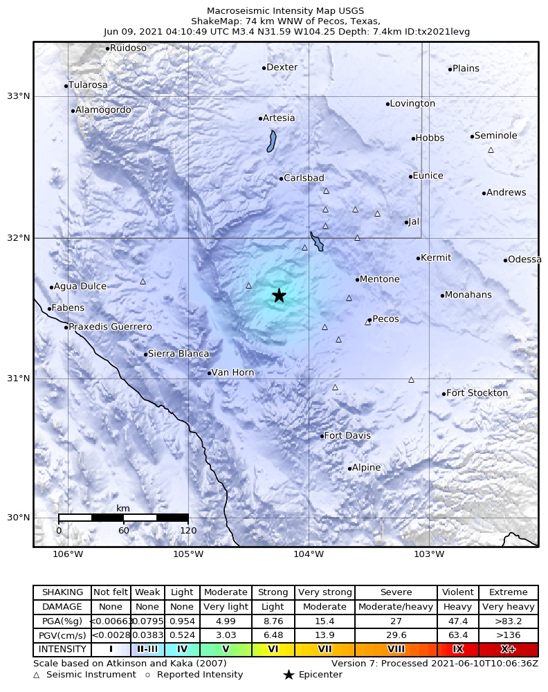 USGS ShakeMap: estimated shaking intensity around the epicenter