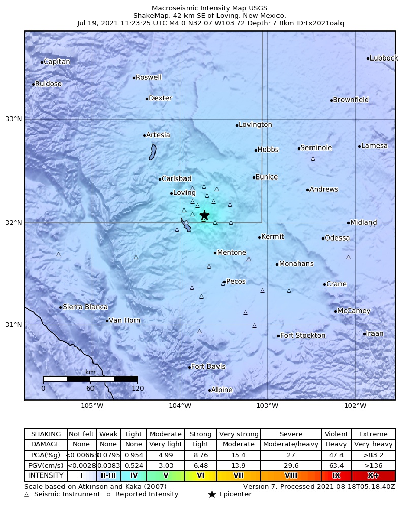 USGS ShakeMap: estimated shaking intensity around the epicenter