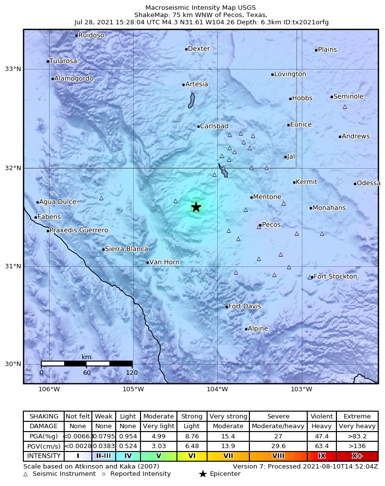 USGS ShakeMap: estimated shaking intensity around the epicenter