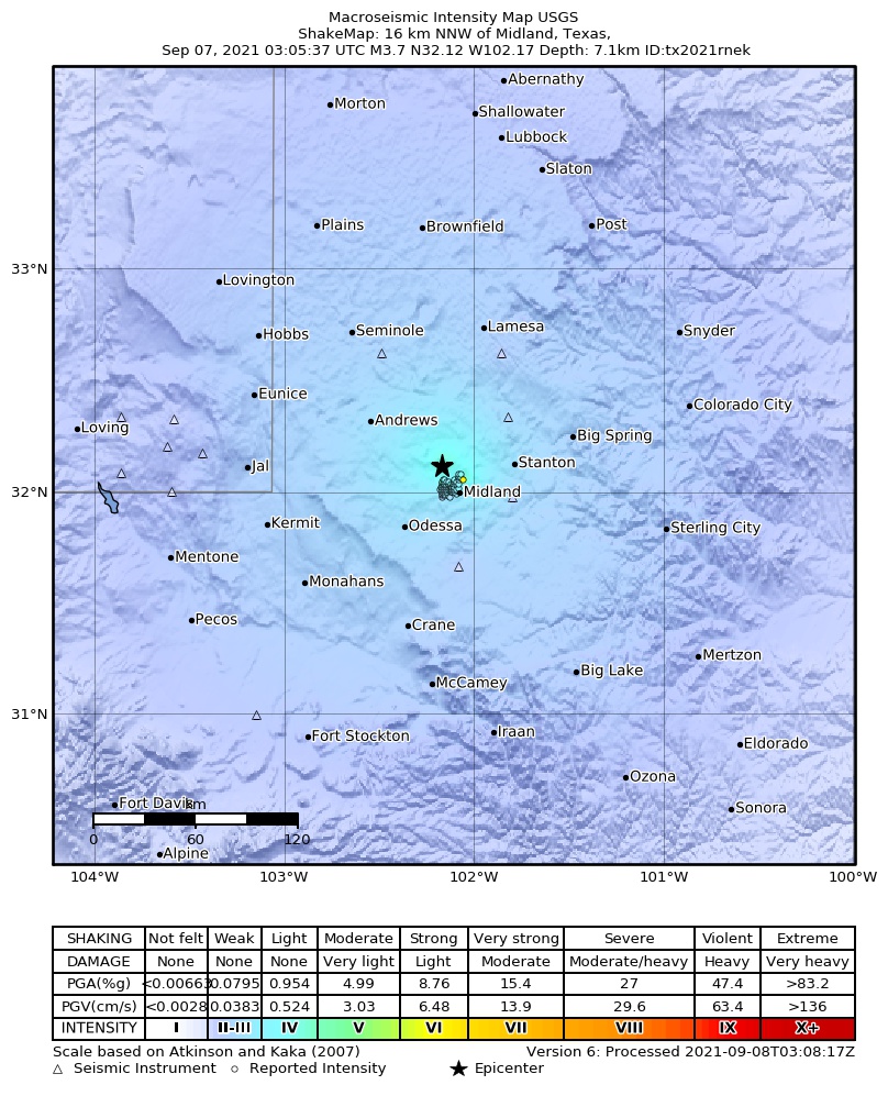 USGS ShakeMap: estimated shaking intensity around the epicenter