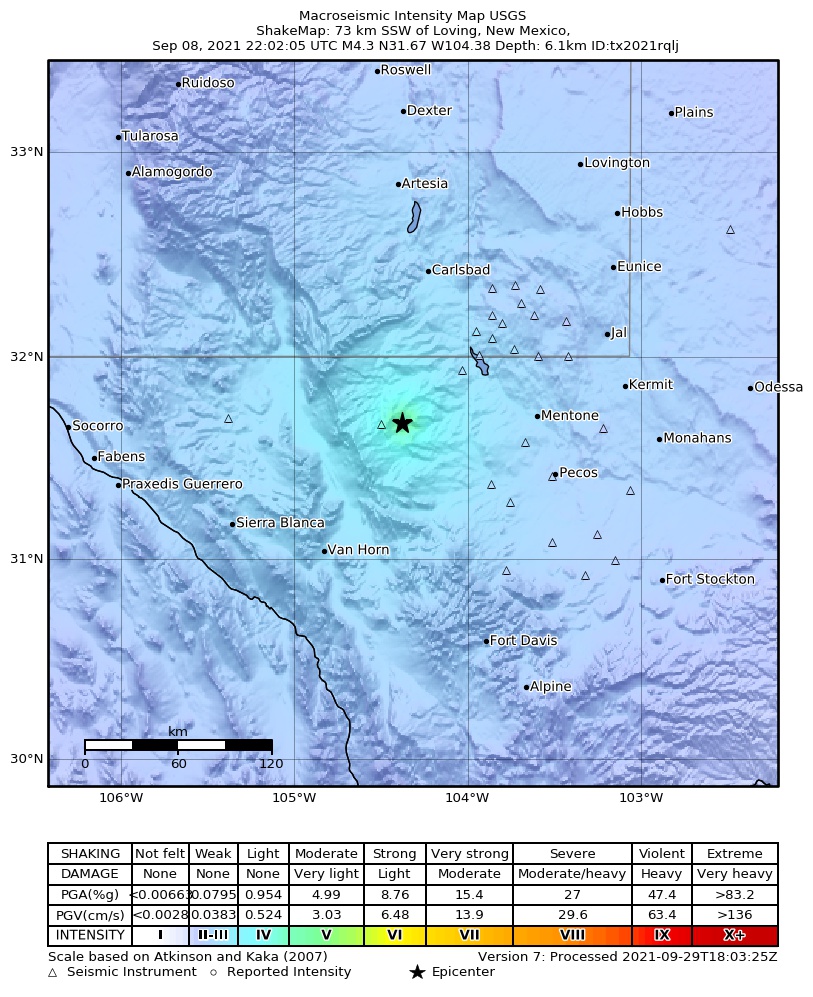 USGS ShakeMap intensity contours for the M4.3 earthquake near 55 km S of Whites City, New Mexico