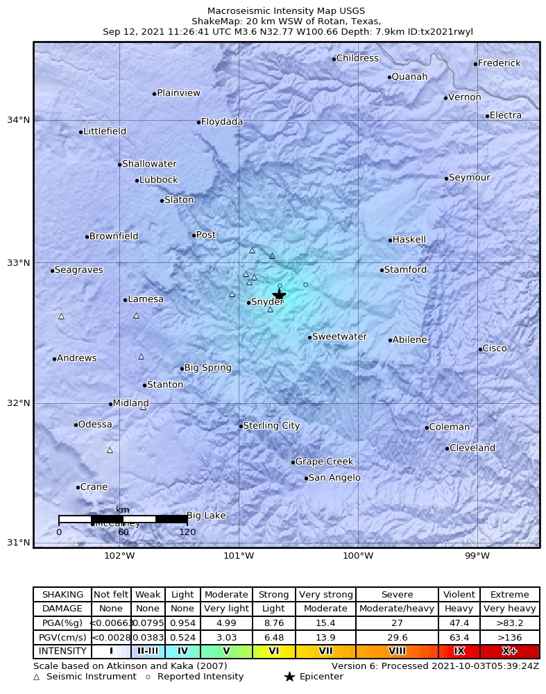 USGS ShakeMap: estimated shaking intensity around the epicenter