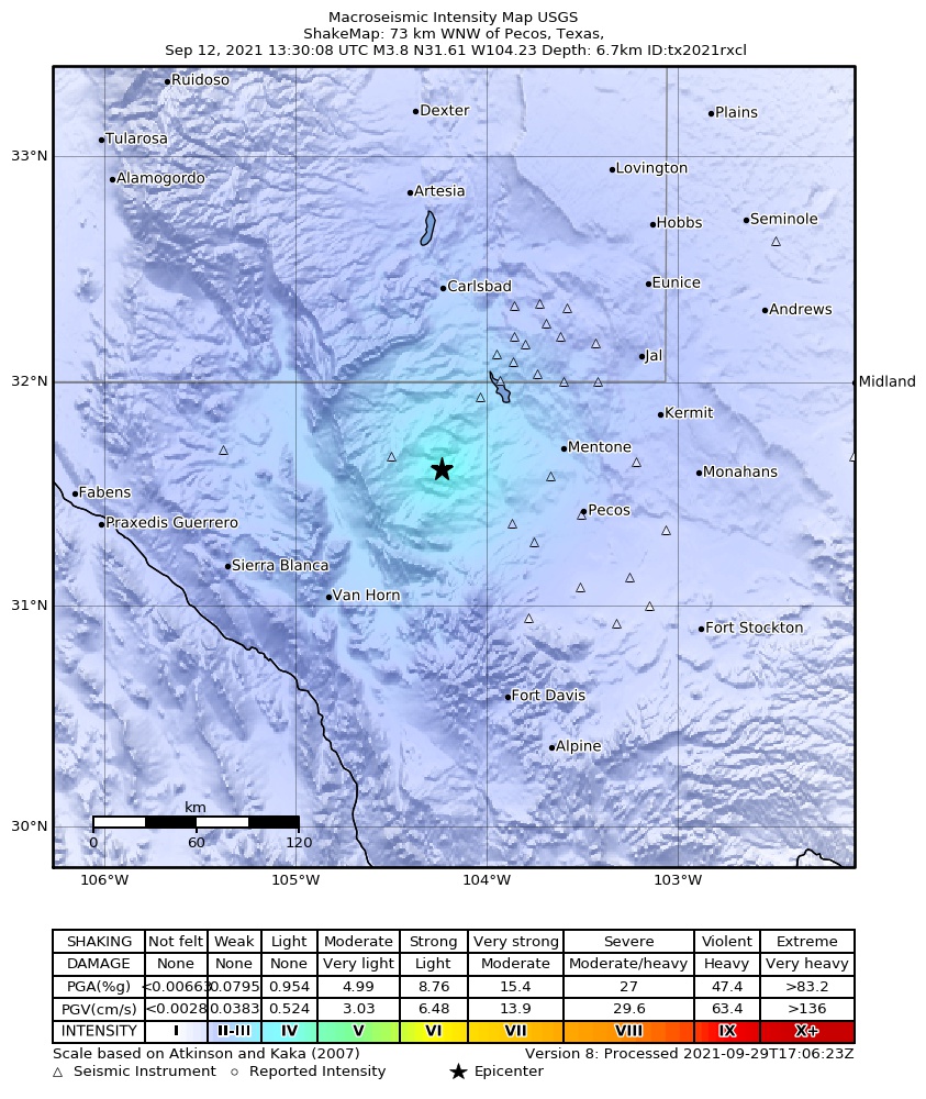 USGS ShakeMap: estimated shaking intensity around the epicenter