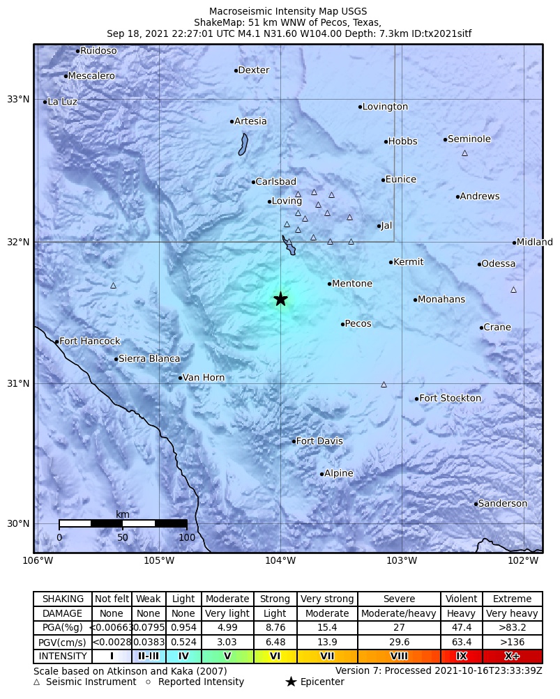 USGS ShakeMap intensity contours for the M4.1 earthquake near 36 km NNW of Toyah, Texas