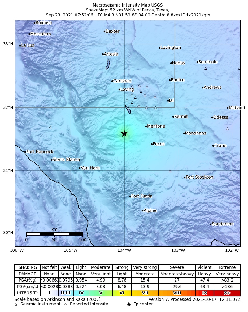 USGS ShakeMap: estimated shaking intensity around the epicenter