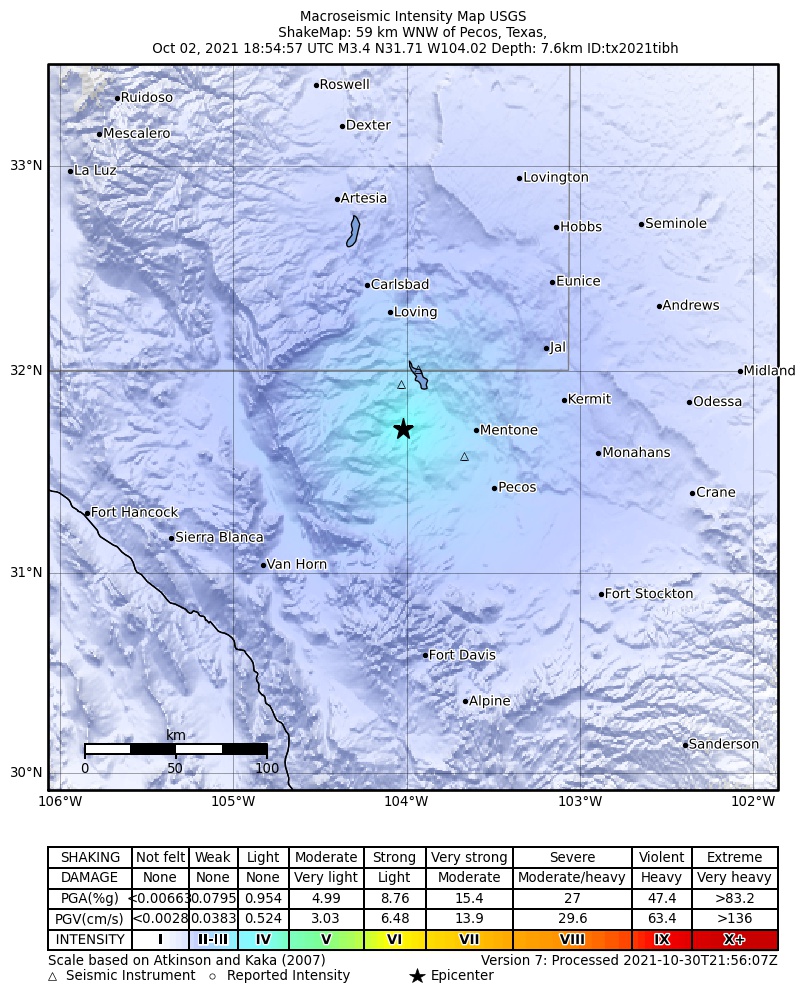 USGS ShakeMap: estimated shaking intensity around the epicenter