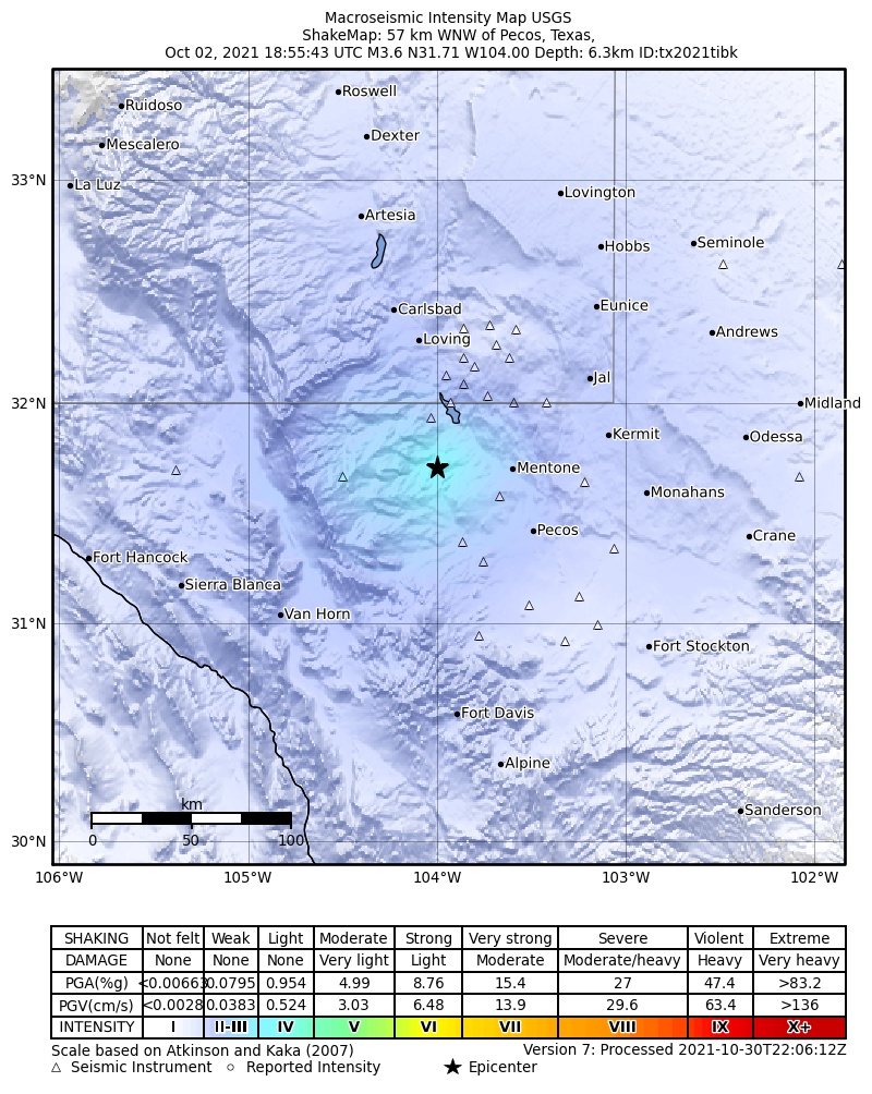 USGS ShakeMap: estimated shaking intensity around the epicenter
