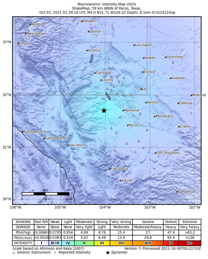 USGS ShakeMap: estimated shaking intensity around the epicenter