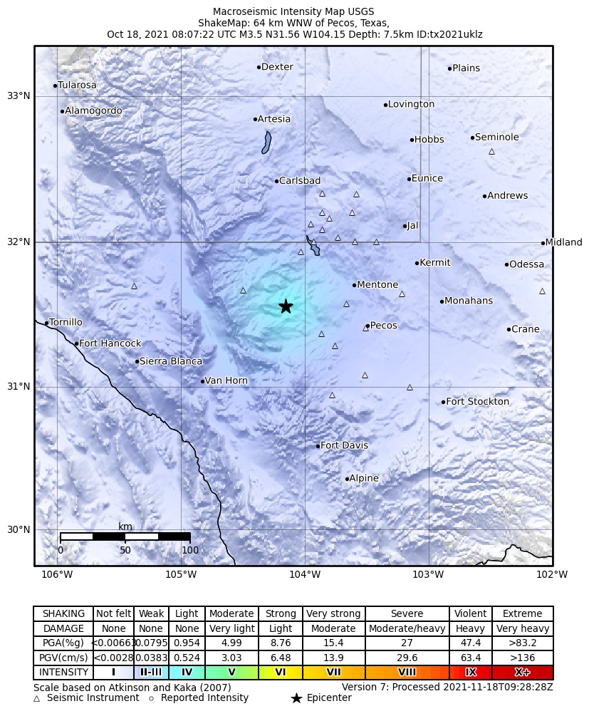 USGS ShakeMap: estimated shaking intensity around the epicenter