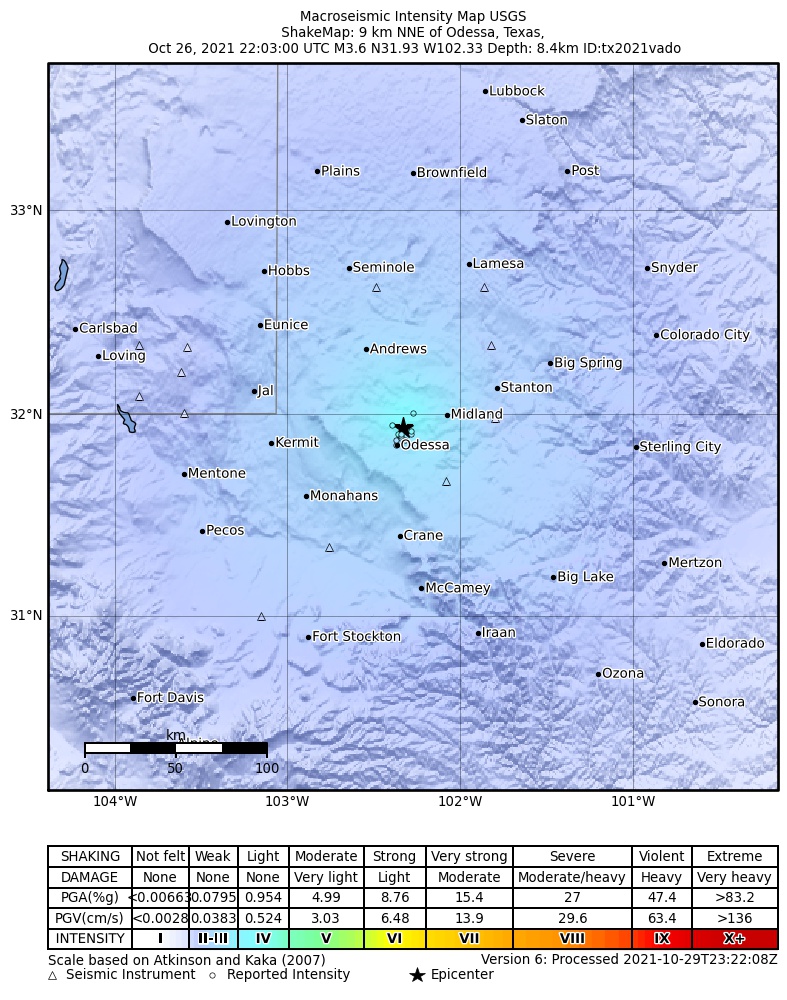 USGS ShakeMap intensity contours for the M3.6 earthquake near 9 km NNE of Odessa, Texas