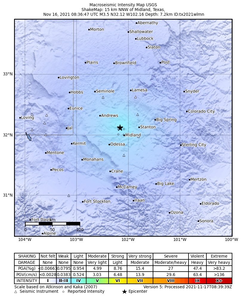 USGS ShakeMap: estimated shaking intensity around the epicenter