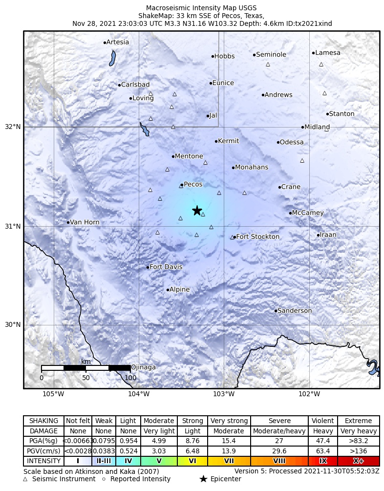 USGS ShakeMap intensity contours for the M3.2 earthquake near 25 km WSW of Coyanosa, Texas