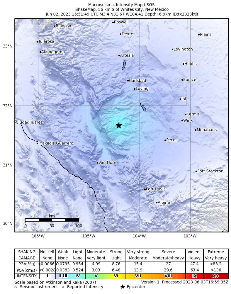 USGS ShakeMap intensity contours for the M3.4 earthquake near 55 km S of Whites City, New Mexico