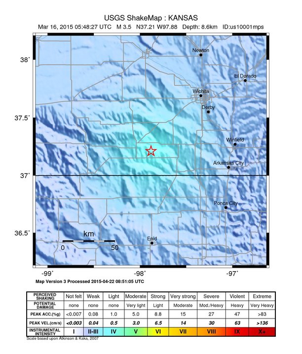 USGS ShakeMap: estimated shaking intensity around the epicenter