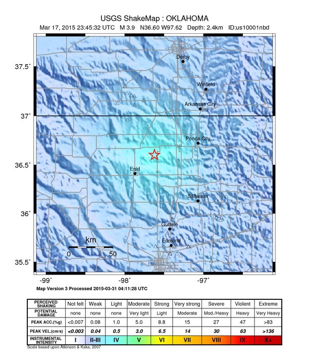 USGS ShakeMap: estimated shaking intensity around the epicenter