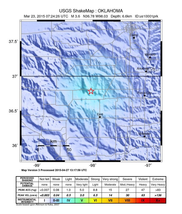 USGS ShakeMap: estimated shaking intensity around the epicenter