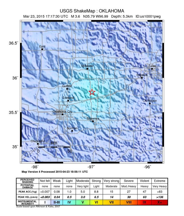 USGS ShakeMap: estimated shaking intensity around the epicenter