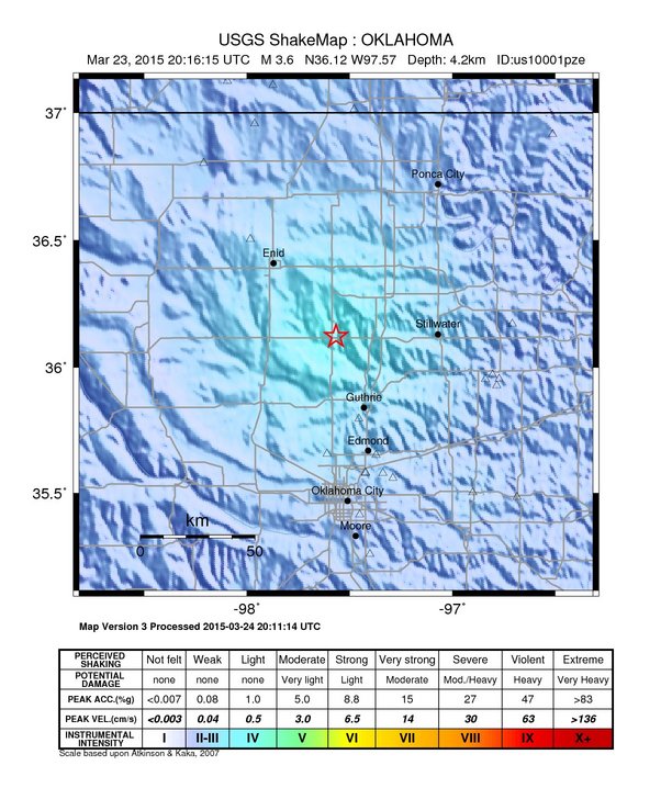 USGS ShakeMap: estimated shaking intensity around the epicenter