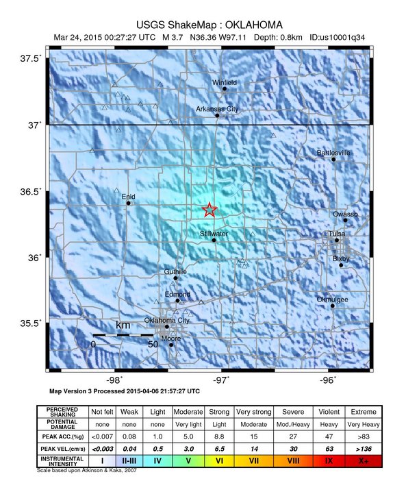 USGS ShakeMap: estimated shaking intensity around the epicenter